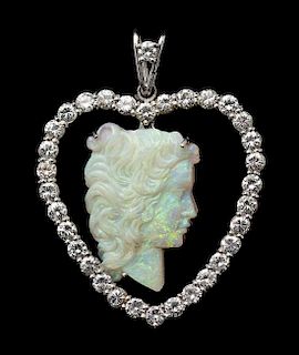 A White Metal, Opal Cameo and Diamond Heart Pendant 12.20 dwts.