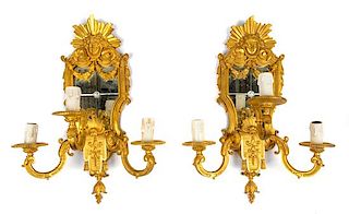 A Pair of Regence Style Gilt Bronze Three-Light Girandole Mirrors Height 22 1/2 inches.