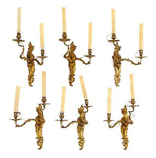 A Set of Six Louis XV Style Gilt Bronze Two-Light Sconces Height 16 1/2 inches.