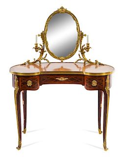 * A Louis XV Style Gilt Bronze Mounted Parquetry Dressing Table and Mirror Height overall 54 x width 41 1/2 x depth 22 inches.