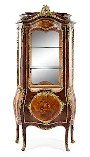 A Louis XV Style Gilt Metal Mounted Vernis Martin Vitrine Height 73 x width 35 1/4 x depth 17 inches.