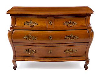 A French Provincial Fruitwood Commode Height 33 x width 47 x depth 25 3/4 inches.