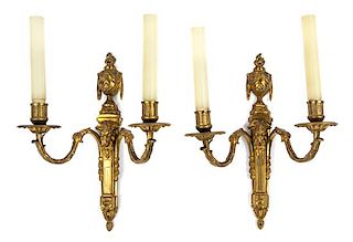 A Pair of Louis XVI Style Gilt Bronze Two-Light Sconces Height 14 inches.