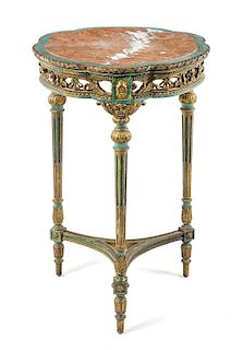 * A Louis XVI Style Painted and Parcel Gilt Table Height 29 1/2 x width of top 22 inches.