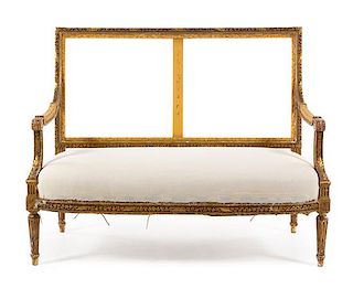 A Louis XVI Style Giltwood Canape Height 38 1/2 x width 50 1/2 x depth 24 1/2 inches.