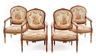 A Set of Four Louis XVI Style Fauteuils Height 38 5/8 inches.