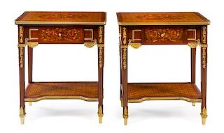 A Pair of Louis XVI Style Gilt Bronze Mounted Side Tables Height 30 3/8 x width 26 1/8 x depth 18 1/4 inches.