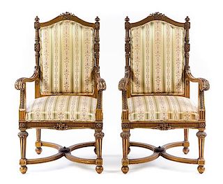 A Pair of Louis XVI Style Fauteuils Height 46 3/4 inches.