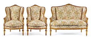 A Louis XVI Style Giltwood Salon Suite Height of settee 46 1/2 x width 56 x depth 34 inches.