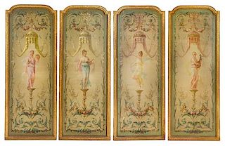 Four Louis XVI Style Painted Panels Height of each panel 63 1/2 x width 24 1/2 inches.
