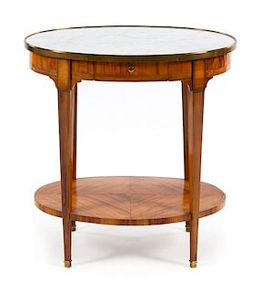 A Louis XVI Style Gilt Metal Mounted Tulipwood Side Table Height 29 x width 28 3/4 x depth 19 inches.