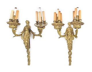 * A Pair of French Gilt Metal Sconces Height 21 inches.