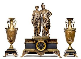 * A French Gilt Bronze and Slate Clock Garniture Height of mantel clock 30 1/4 x width 22 1/4 inches.