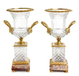 A Pair of Neoclassical Style Gilt Metal Mounted Cut Glass Urns Height 17 3/8 inches.