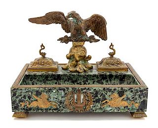 * An Empire Style Gilt Bronze and Marble Encrier Width 14 inches.