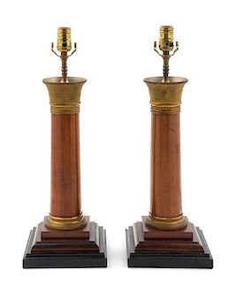 * A Pair of Empire Style Gilt Metal Mounted Mahogany Table Lamps Height overall 34 1/4 inches.