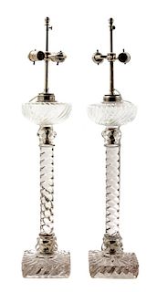 A Pair of Baccarat Molded Glass Fluid Lamps Height 33 inches.