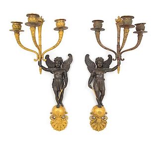 A Pair of Empire Gilt and Patinated Bronze Figural Three-Light Sconces Height 16 1/4 inches.