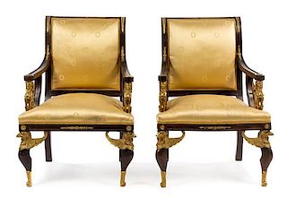 A Pair of Empire Style Gilt Bronze Mounted Fauteuils Height 40 1/4 inches.