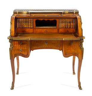 A Louis XV Style Gilt Bronze Mounted Bureau a Cylindre Height 43 1/2 x width 42 1/4 x depth 24 1/4 inches.