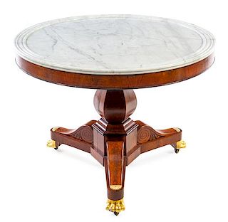 * An Empire Style Parcel Gilt Burl Walnut Center Table Height 29 x diameter of top 39 inches.
