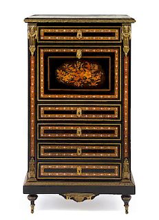 A Napoleon III Ebonized and Mother-of-Pearl Inset Secretaire a Abattant Height 51 1/4 x width 29 x depth 14 inches.