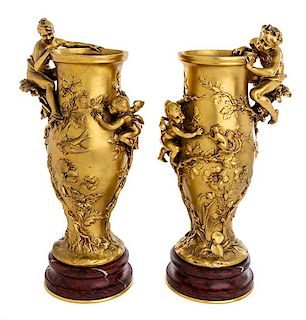 * A Pair of French Gilt Bronze Vases Height 15 inches.