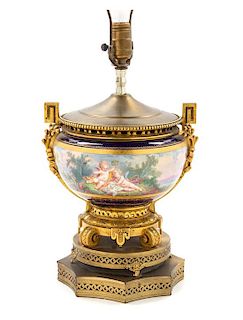 A Sevres Style Gilt Metal Mounted Porcelain Urn Height of lamp base 12 inches.