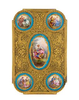 * A Gilt Metal and Sevres Style Porcelain Plaque Height 11 x width 7 1/8 inches.