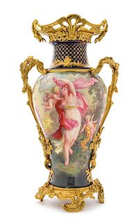 A Sevres Gilt Bronze Mounted Porcelain Vase Height 20 1/2 inches.