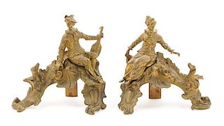 * A Pair of French Gilt Bronze Chenets Height 12 3/4 x width of wider 13 inches.