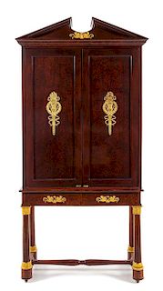 An Empire Style Gilt Bronze Mounted Cabinet on Stand Height 81 1/2 x width 40 x depth 20 inches.