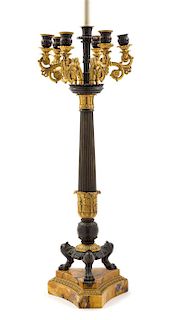 * A Gilt and Patinated Bronze Six-Light Candelabrum Mounted as a Lamp Height overall 40 inches.