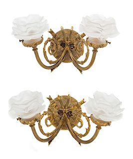 * A Pair of French Gilt Bronze Two-Light Sconces Width 12 1/2 inches.