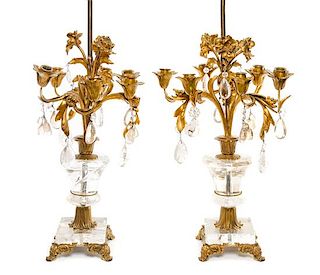 A Pair of French Gilt Bronze and Rock Crystal Six-Light Candelabra Height 32 inches.