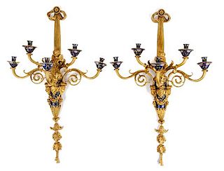 A Pair of French Gilt Bronze and Champleve Five-Light Sconces Height 41 1/2 inches.