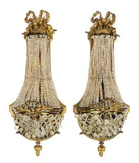 * A Pair of French Glass Beaded Gilt Metal Sconces Height 24 inches.