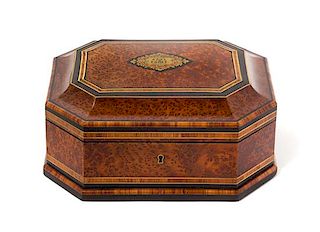 A French Parcel Ebonized and Brass Inlaid Burlwood Jewelry Box Height 4 1/4 x width 7 1/2 x depth 7 1/2 inches.