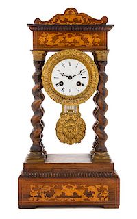 * A Napoleon III Marquetry Portico Clock Height 17 inches.