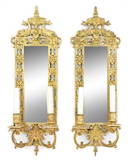 * A Pair of Neoclassical Gilt Metal Two-Light Girandole Mirrors Height 23 1/4 x width 7 1/2 inches.