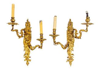 A Pair of Napoleon III Gilt Bronze Two-Light Sconces Height 16 1/2 inches.