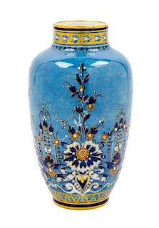 A Sevres Enameled Pate-sur-Pate Vase Height 8 inches.