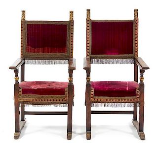 * A Pair of Spanish Baroque Style Walnut Armchairs Height 51 inches.
