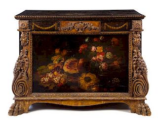 A Spanish Painted and Parcel Gilt Leather Mounted Chest Height 42 1/4 x width 56 1/2 x depth 26 inches.