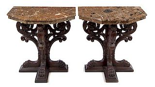 * A Pair of Italian Renaissance Style Carved Side Tables Height 32 x width 30 5/8 x depth 18 3/4 inches.