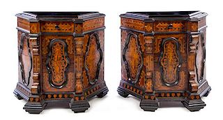 * A Pair of Italian Parcel Ebonized Marquetry Cabinets Height 32 3/4 x width 33 1/4 x depth 15 inches.