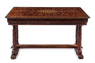 An Italian Inlaid Oak Trestle Table Height 30 x width 51 3/8 x depth 31 1/2 inches.