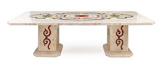 A Marble Veneered Pedestal Table Width 108 inches.