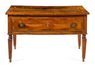 A Provincial Fruitwood and Marquetry Commode Height 30 1/4 x width 49 x depth 22 3/4 inches.