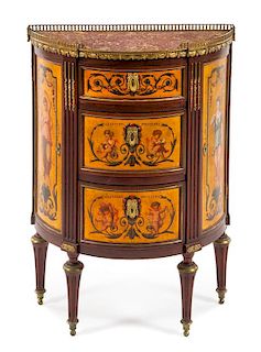 * An Italian Painted Mahogany and Burlwood Demilune Commode Height 35 x width 25 1/4 x depth 12 3/8 inches.